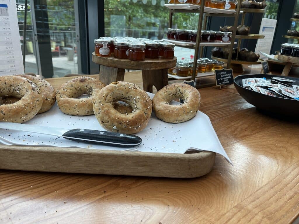 Bagels at the breakfast buffet in Melia Manchester