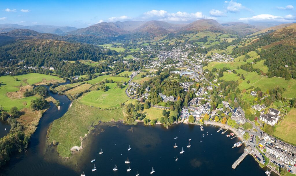 Aerial view of Ambleside and boats at the northern end of Windermere