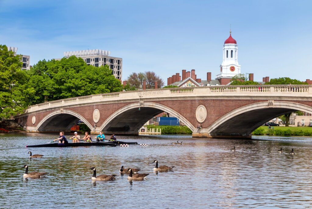 Brick arched bridge over the Charles River with trees and a tower in Cambridge behind it