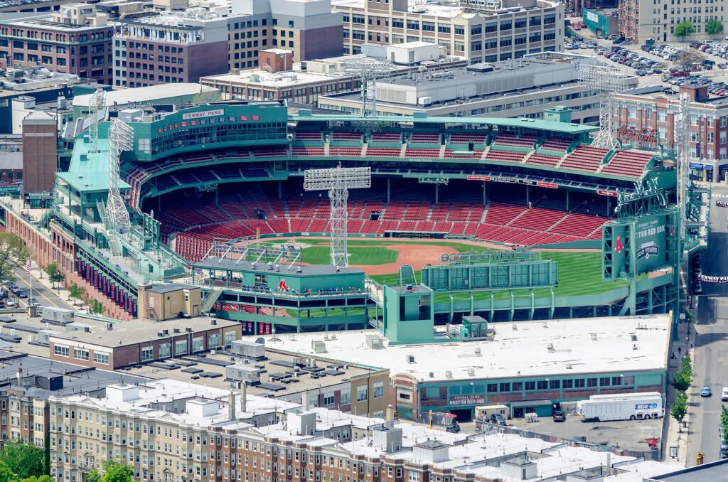 Aerial view of the baseball field and stands at Fenway Park