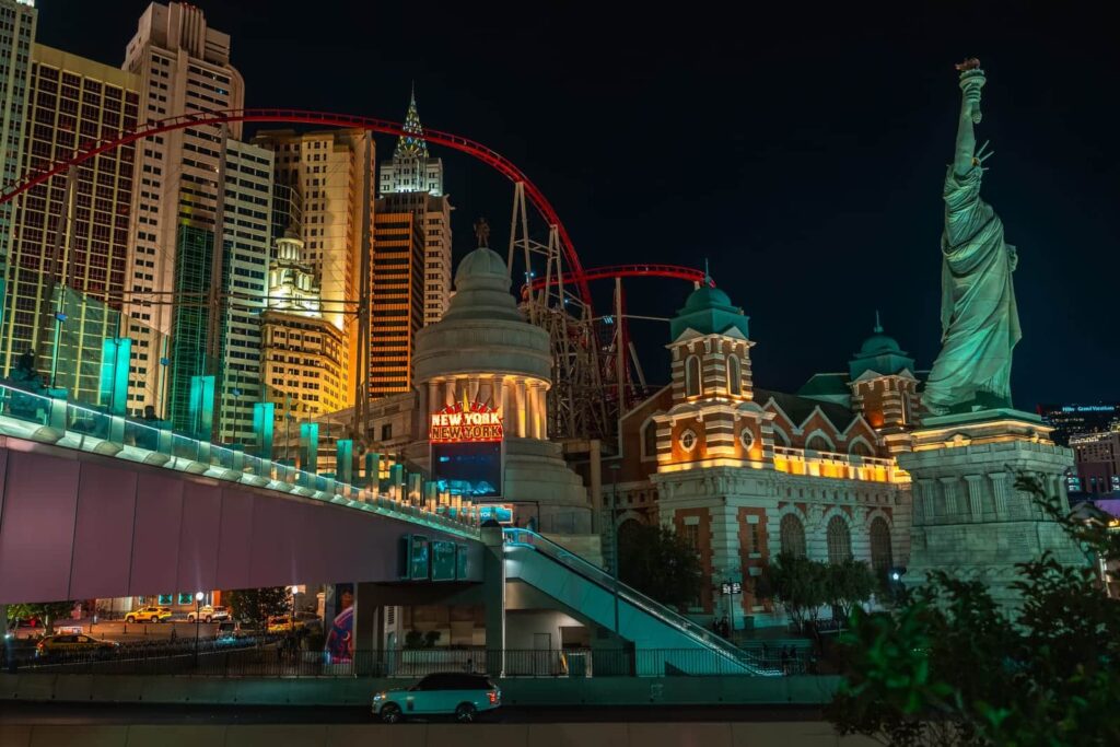 New York-New York hotel and its replica Statue of Liberty illuminated at night