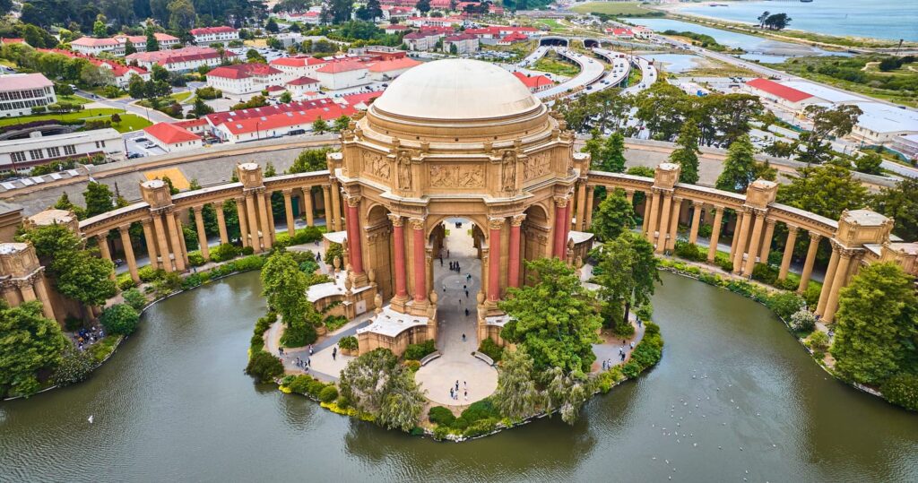 Aerial view of the Palace of Fine Arts rotunda, colonnades and lagoon