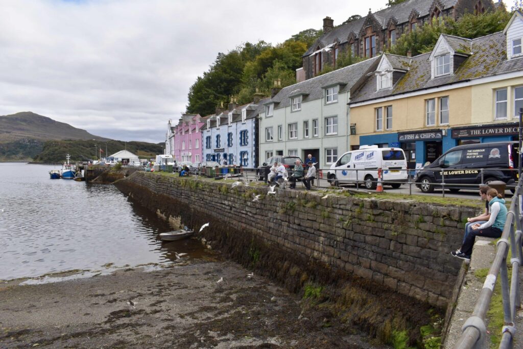 Colourful waterfront buildings beside the harbour in Portree on the Isle of Skye