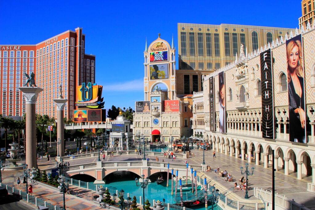 Canal, bridge and hotel facades at The Venetian in daylight