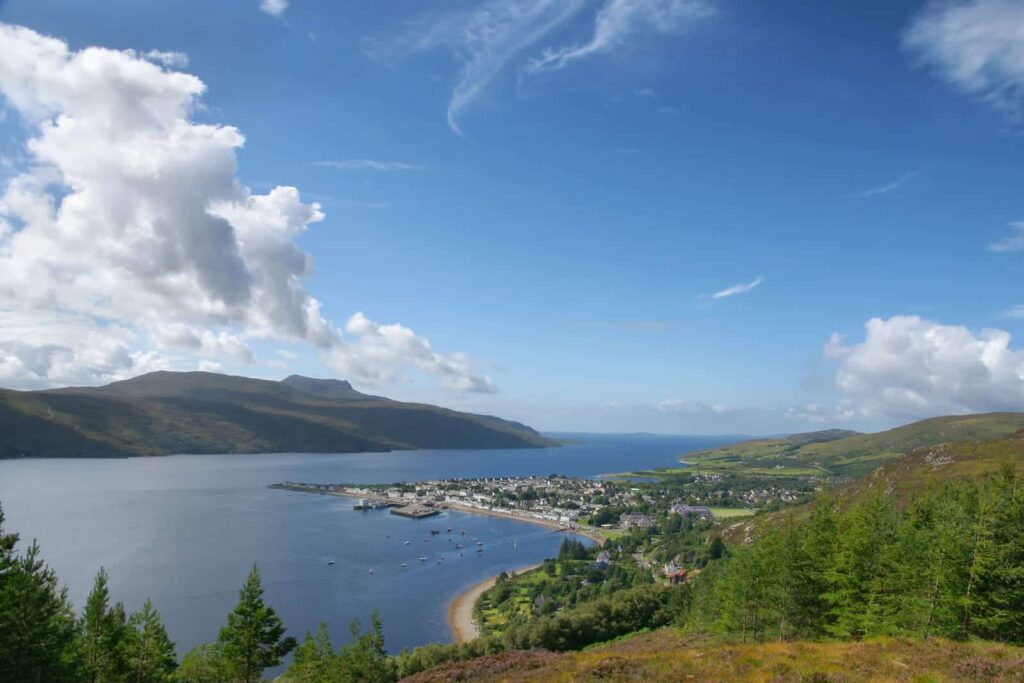 View across Loch Broom towards Ullapool and the surrounding hills