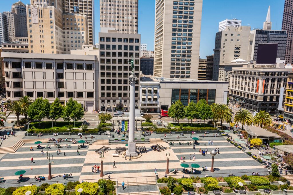Union Square with its central monument and surrounding buildings in San Francisco