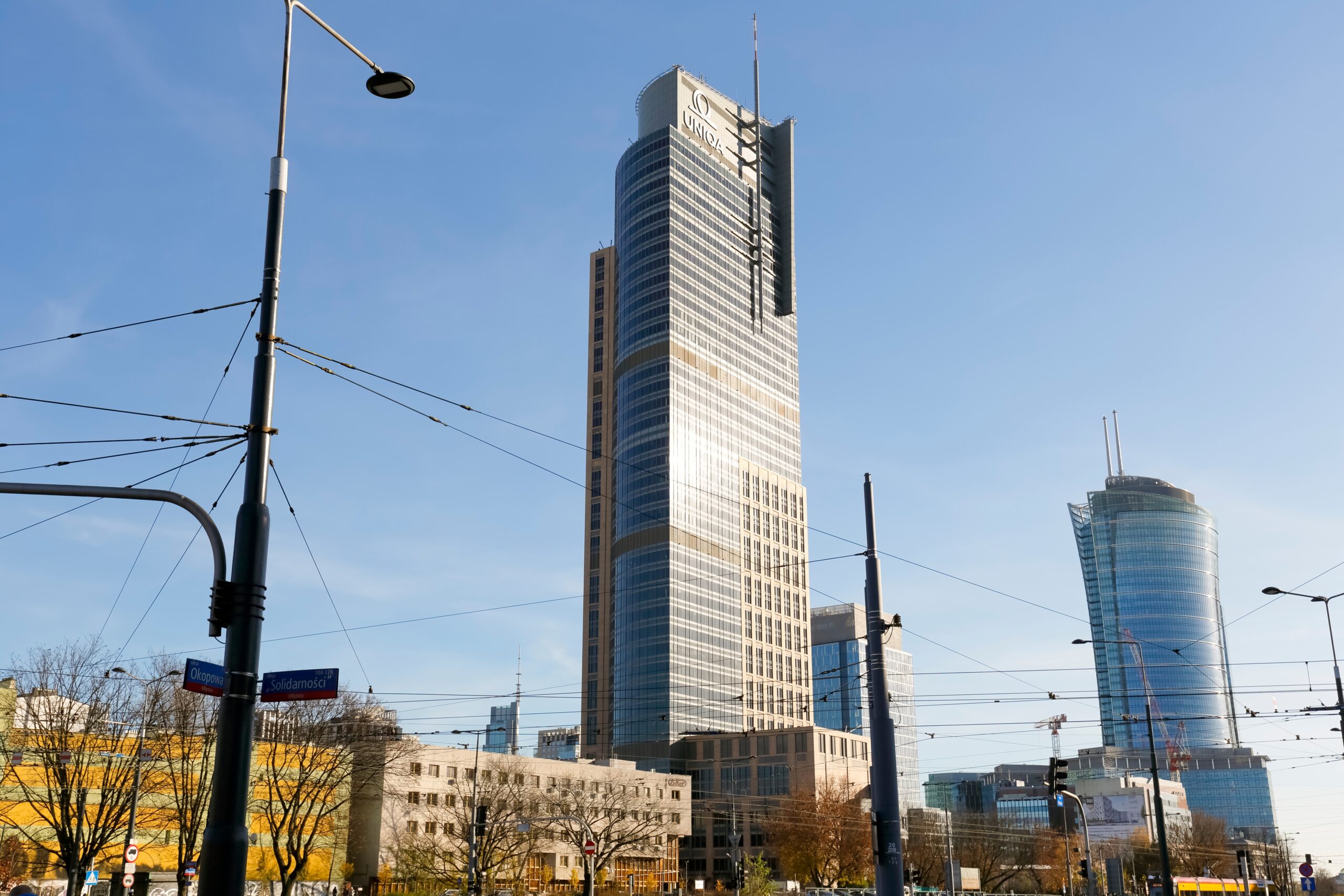 A modern skyscraper in the Wola district of Warsaw