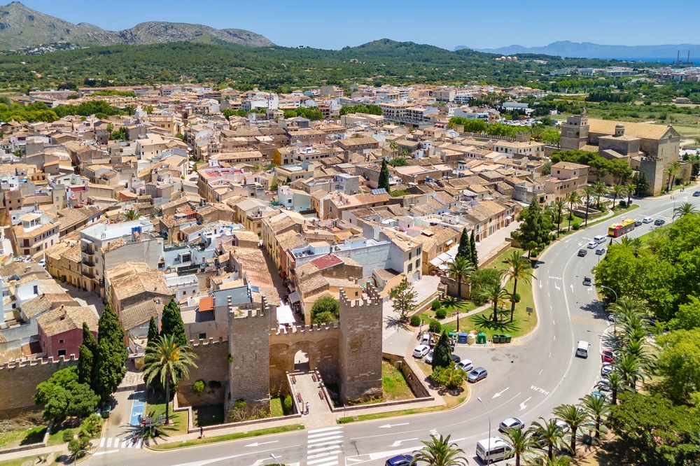 Aerial view of Alcúdia and the town walls around the Old Town