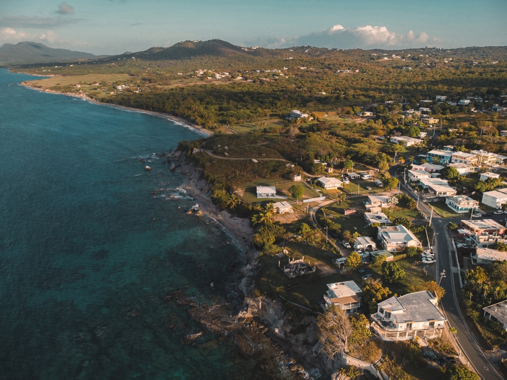 Aerial view of Esperanza on Vieques with the blue sea