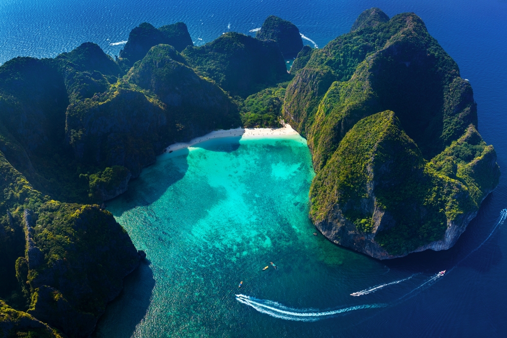 Aerial view of Maya Bay on Phi Phi Leh