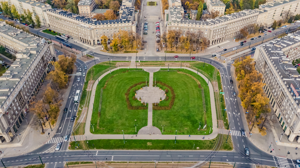Aerial view of Plac Centralny in Nowa Huta in Krakow