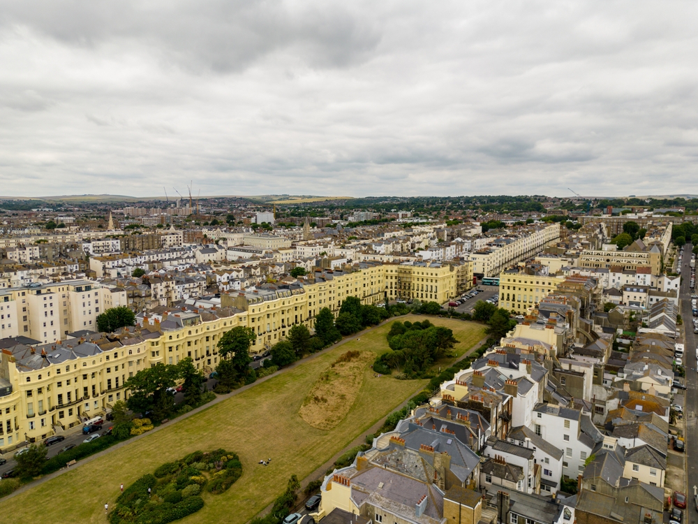 Aerial view of Regency Square and the beach in Brighton
