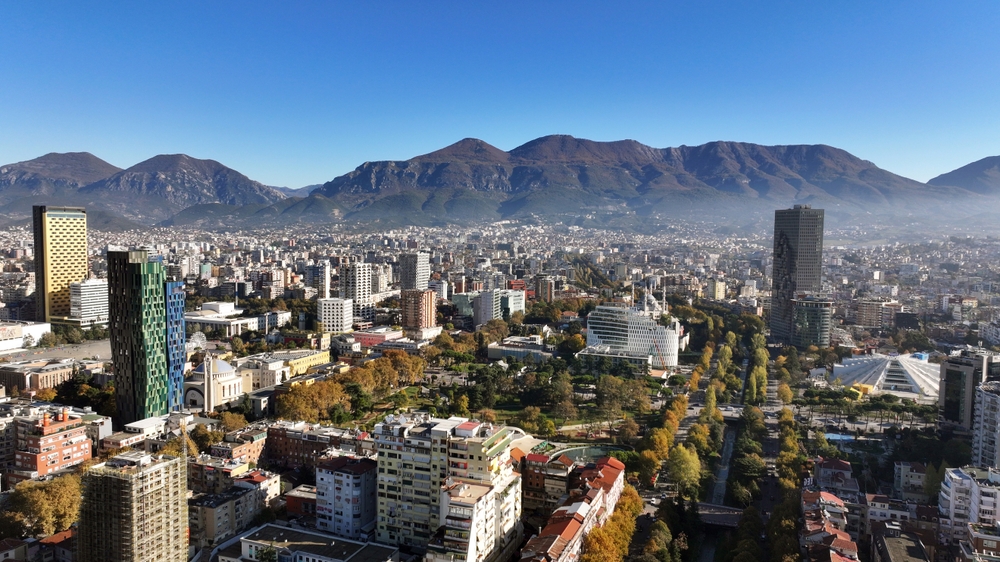 Aerial view of Skanderbeg Square in the centre of Tirana