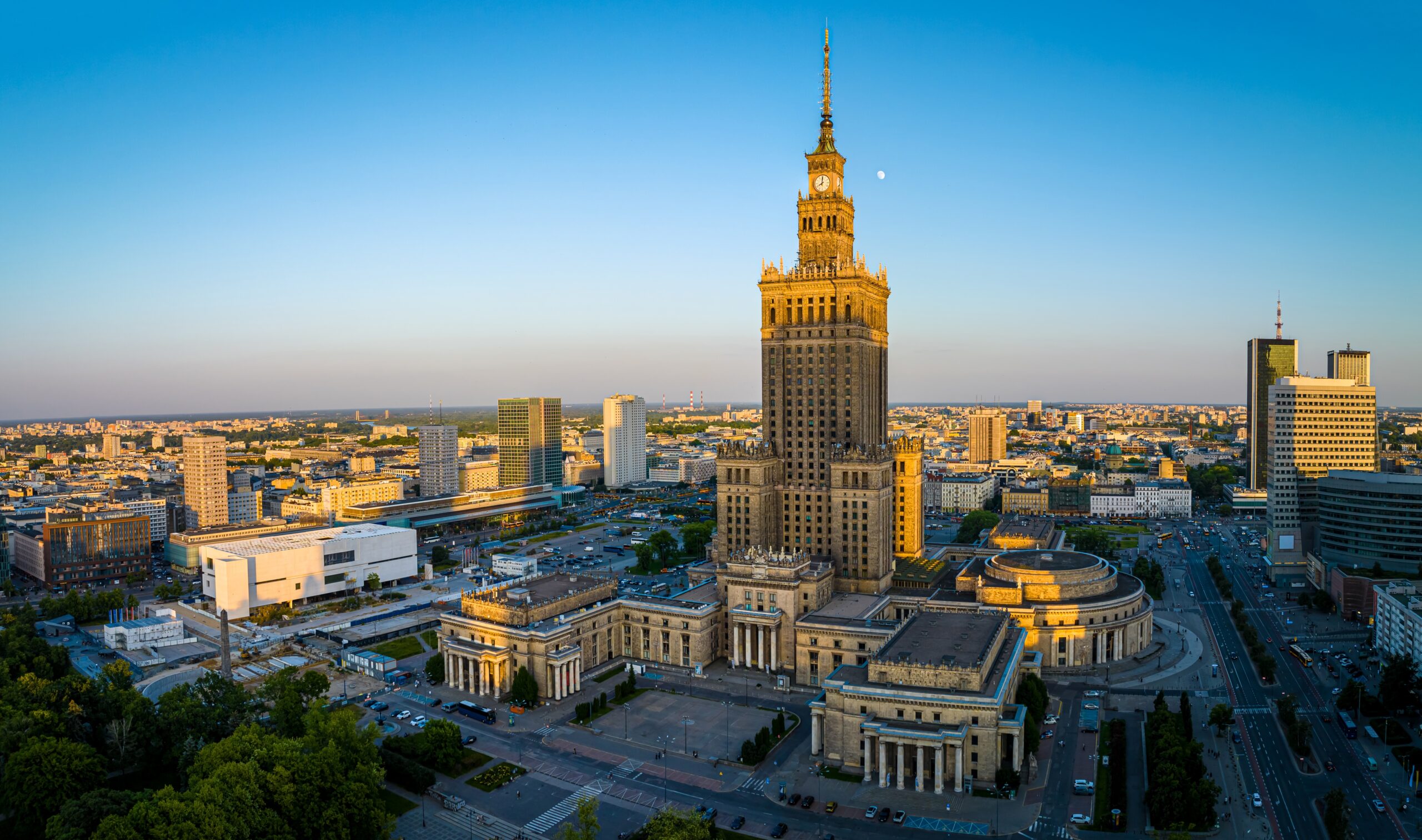 Aerial view of central Warsaw with the Palace of Culture and Science