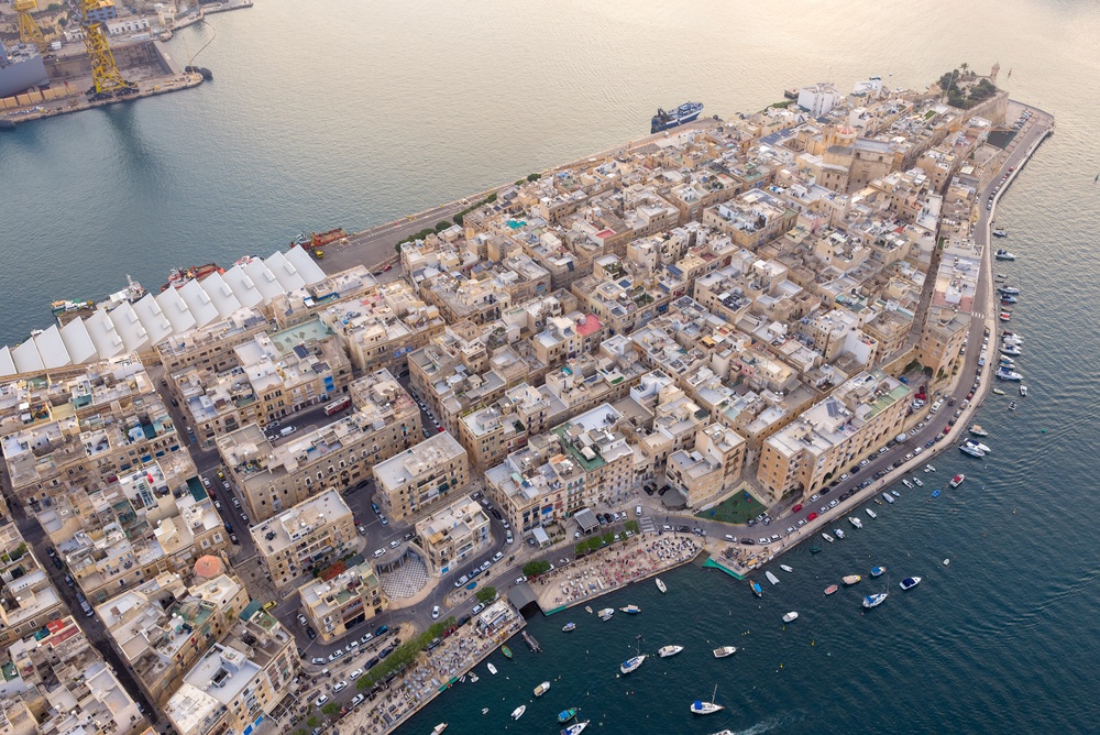Aerial view of the Birgu waterfront with Fort St. Angelo
