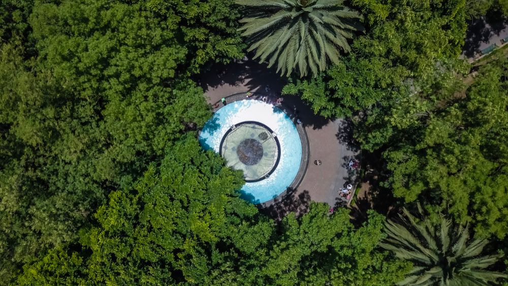 Aerial view of the church and park in Coyoacán in Mexico City