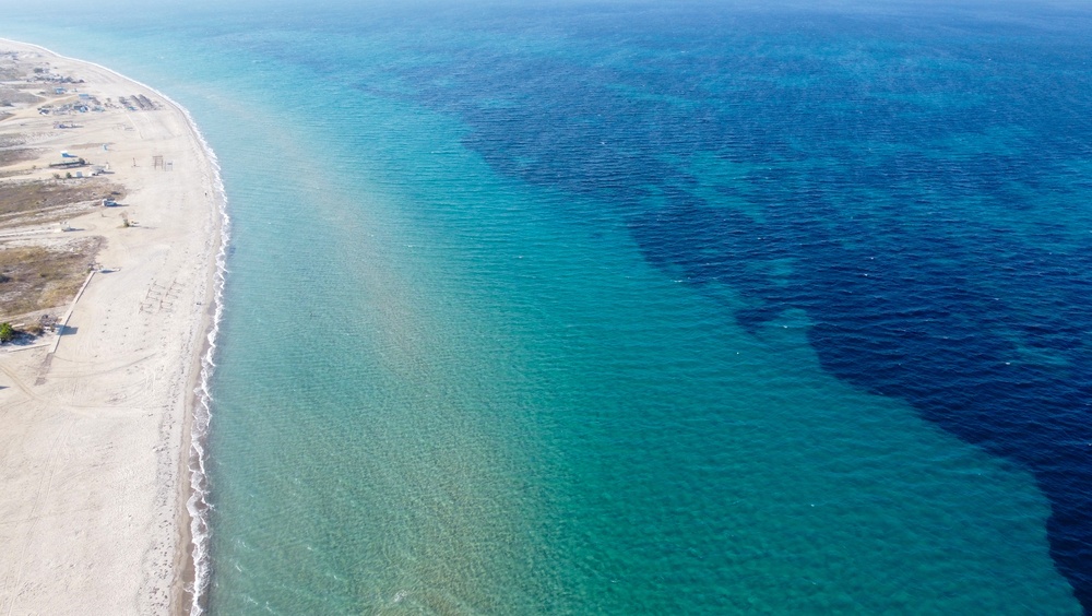Aerial view of the long sandy beach in Tigaki on Kos