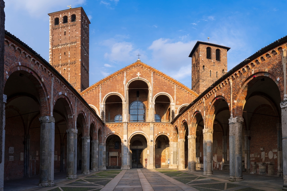 Colonnaded courtyard of Basilica di Sant Ambrogio in Milan