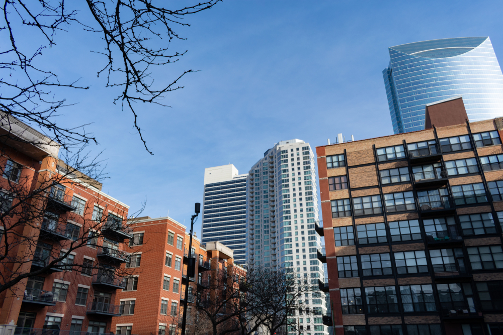 Buildings and modern high-rises in the West Loop in Chicago