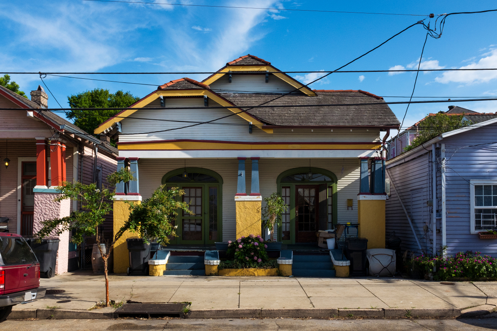 Facade of a colourful traditional house in Marigny in New Orleans