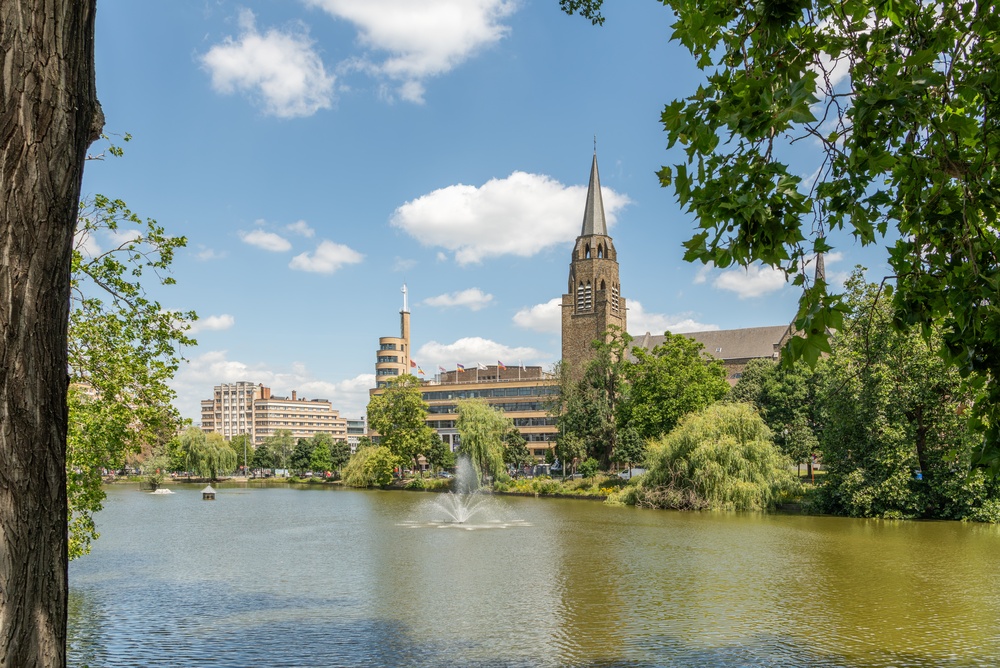 The Flagey building seen across the ponds in Ixelles in Brussels