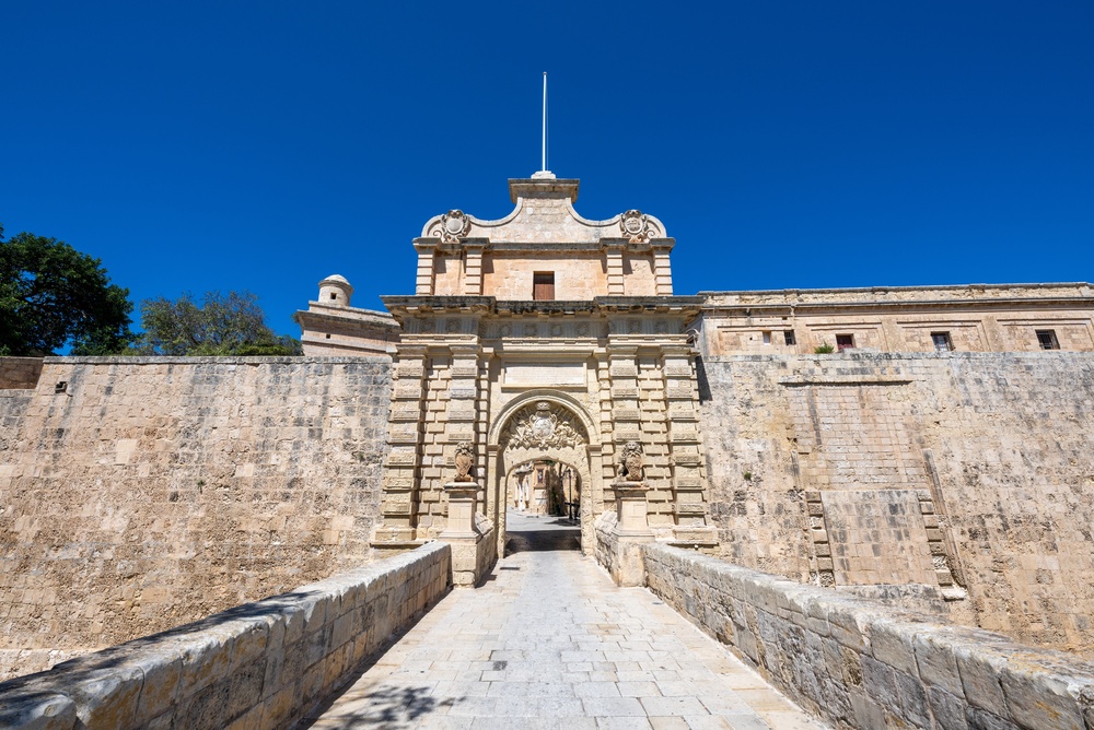 Mdina Gate and the city walls of Mdina in Malta