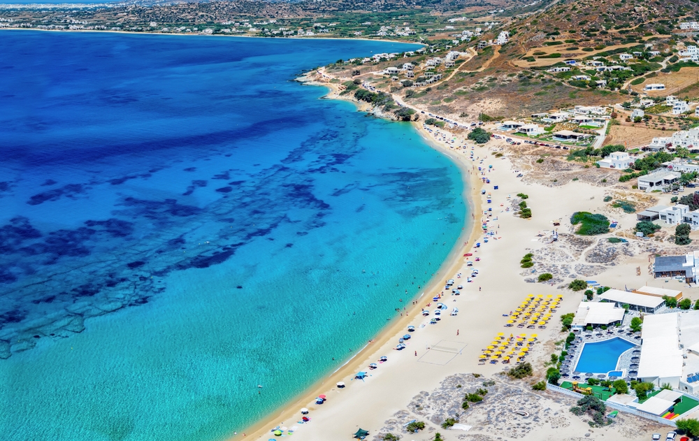 Aerial view of the beach at Mikri Vigla on Naxos