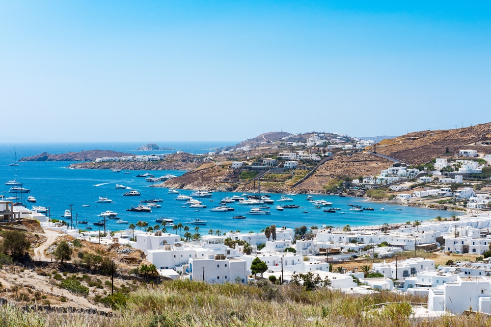 Sunbeds and parasols on Ornos beach in Mykonos