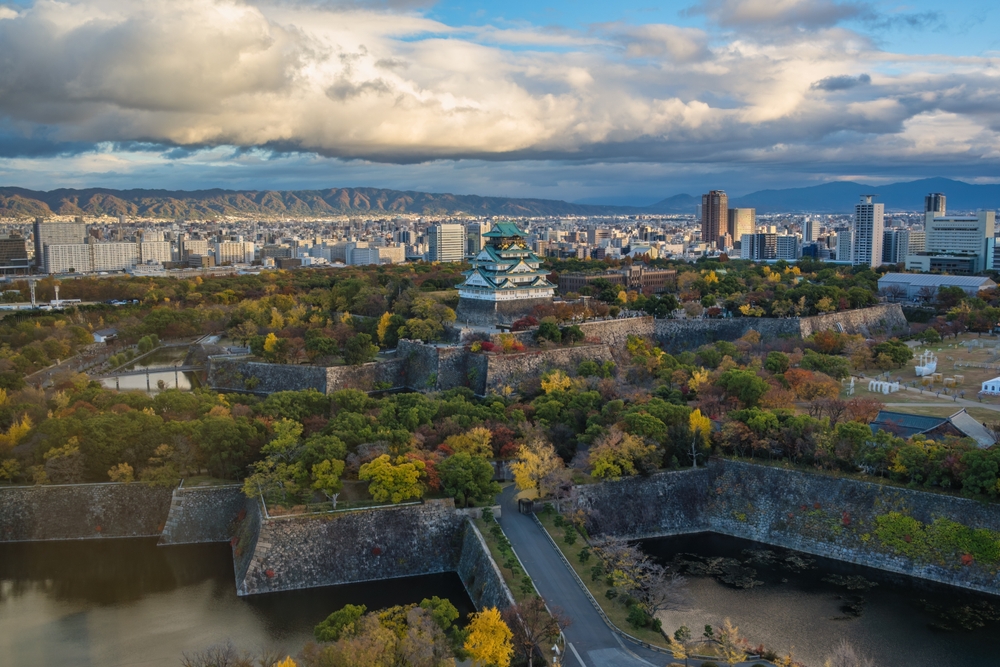 Osaka skyline with Osaka Castle in autumn