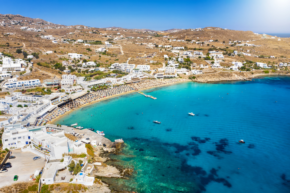 Aerial view of Platis Gialos beach on Mykonos
