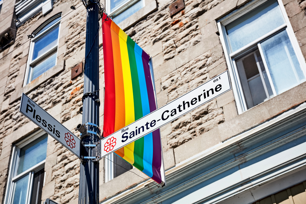Street signs for Rue Sainte-Catherine and Rue Plessis with a rainbow flag in the Village in Montreal