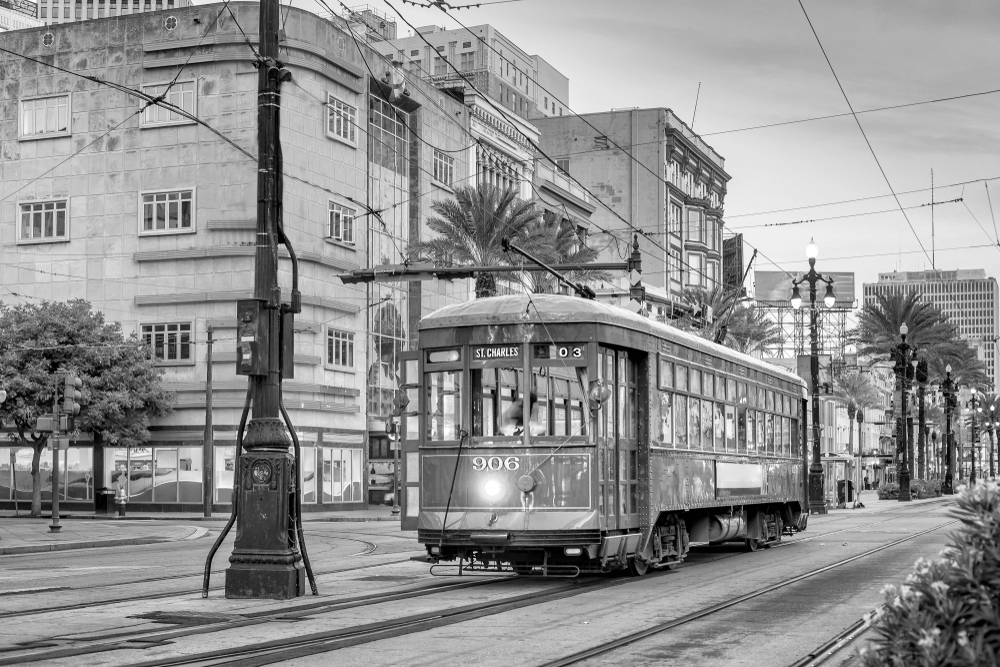 Streetcar in downtown New Orleans at dusk