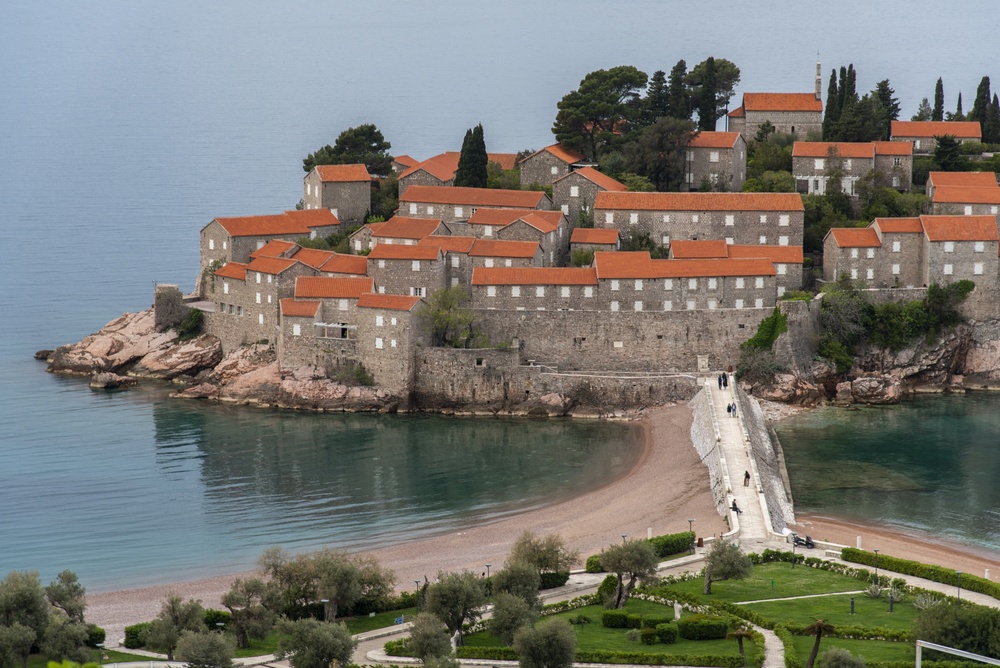 Aerial view of Sveti Stefan island and its red roofs