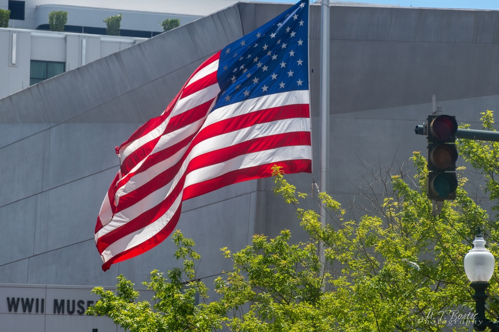 The American flag at the National WWII Museum in the Warehouse District in New Orleans