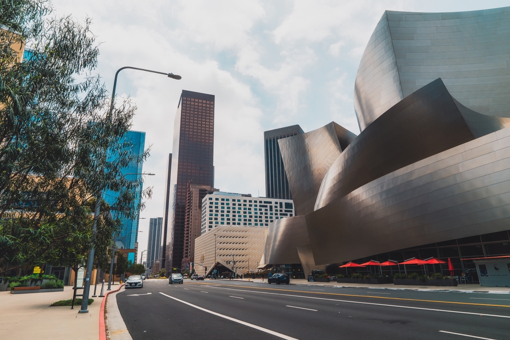 The Broad and Walt Disney Concert Hall on Grand Avenue in Downtown Los Angeles