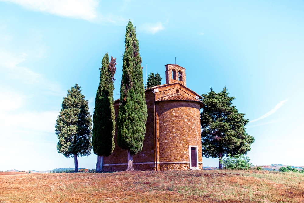 The Madonna di Vitaleta chapel in the landscape of the Val d'Orcia
