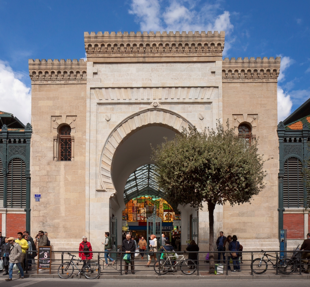 The Mercado Central de Atarazanas market hall seen from Calle Atarazanas in Malaga
