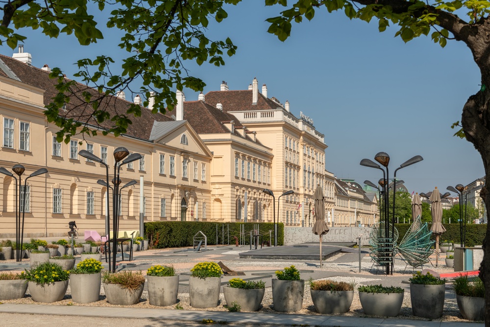 The MuseumsQuartier courtyard in Vienna with outdoor seating