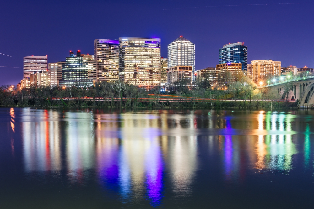 The Rosslyn skyline by the Potomac River in the evening