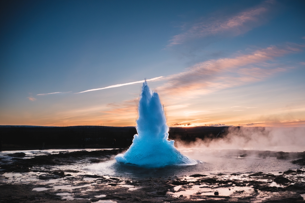 The Strokkur geyser erupting at Geysir on the Golden Circle