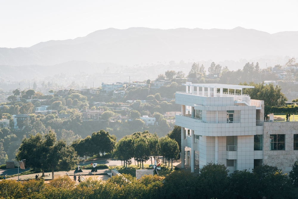 The architecture of the Getty Center with the mountains in the background in Los Angeles