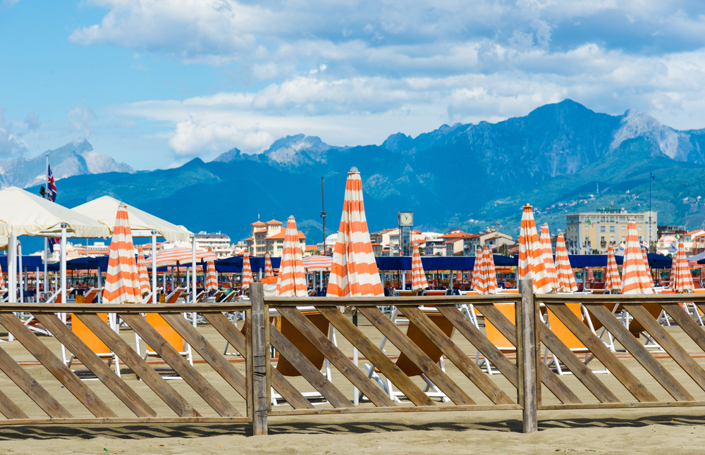 The beach in Viareggio with the Apuan Alps in the background