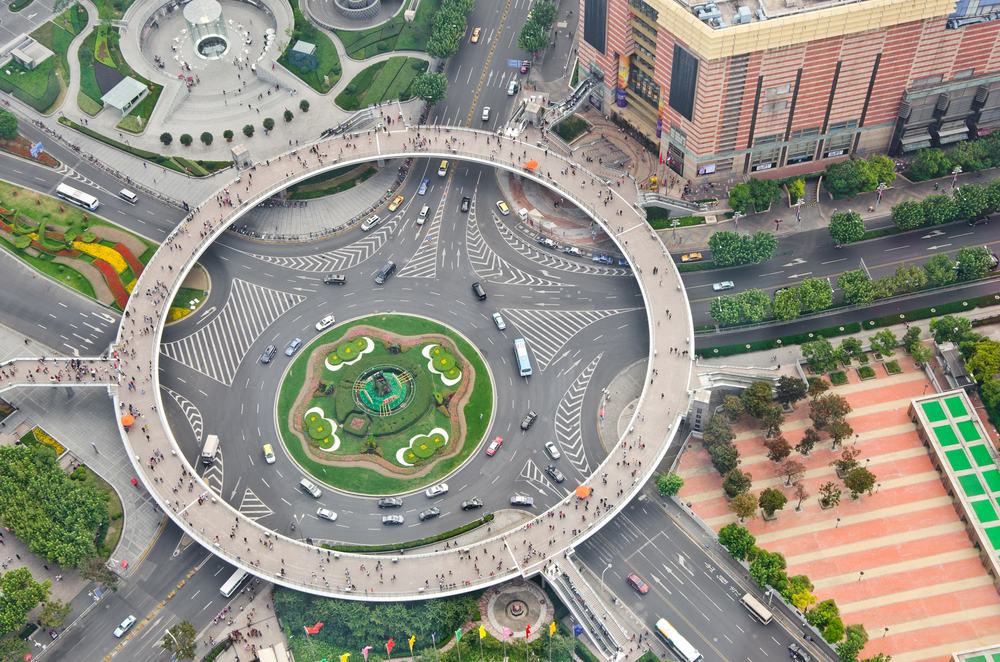 The circular footbridge between the towers in Lujiazui in Shanghai seen from above