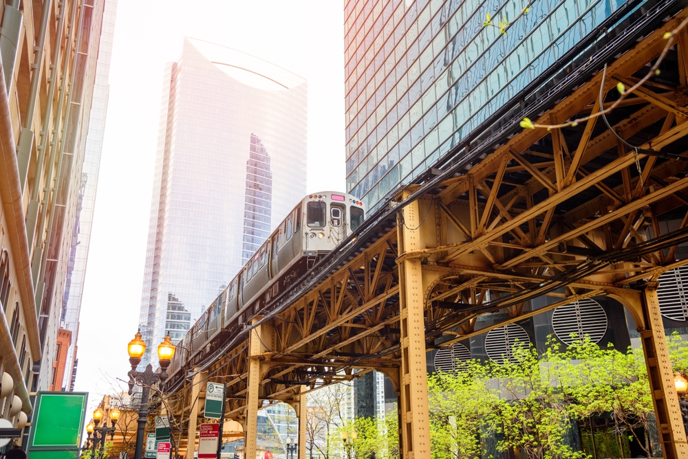 The elevated train running through The Loop in Chicago on a spring day