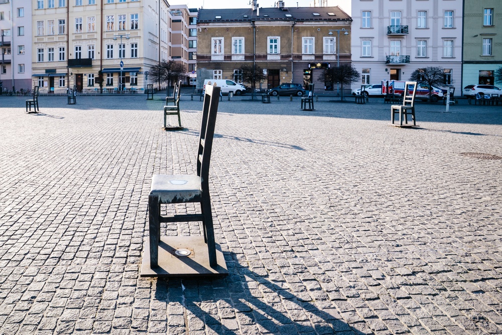 The empty chairs memorial on Plac Bohaterów Getta in Podgórze in Krakow