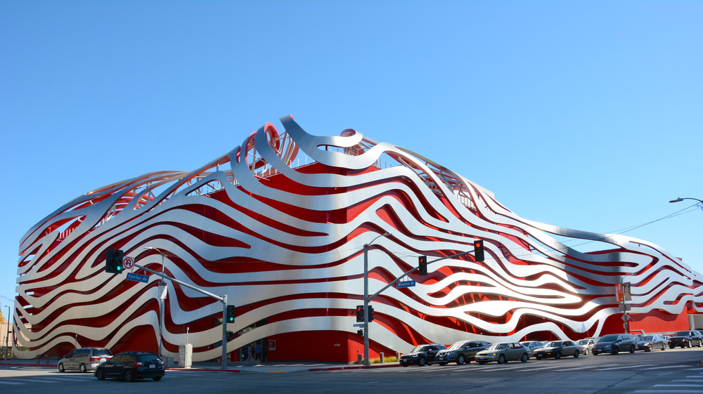 The façade of the Petersen Automotive Museum on Wilshire Boulevard