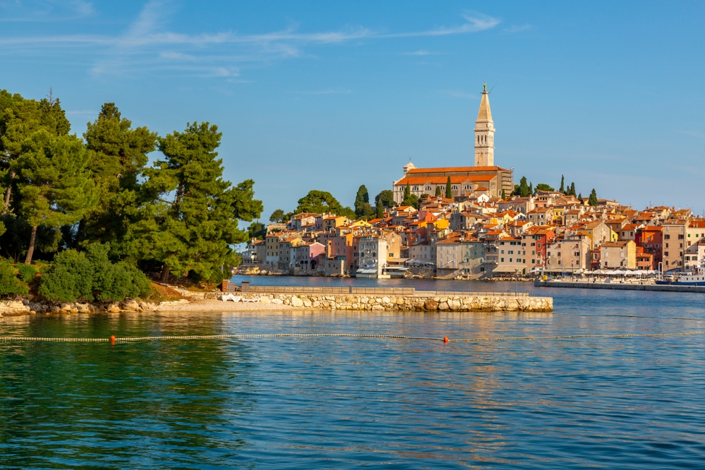 The harbour and Old Town in Rovinj with the Church of St Euphemia at the top