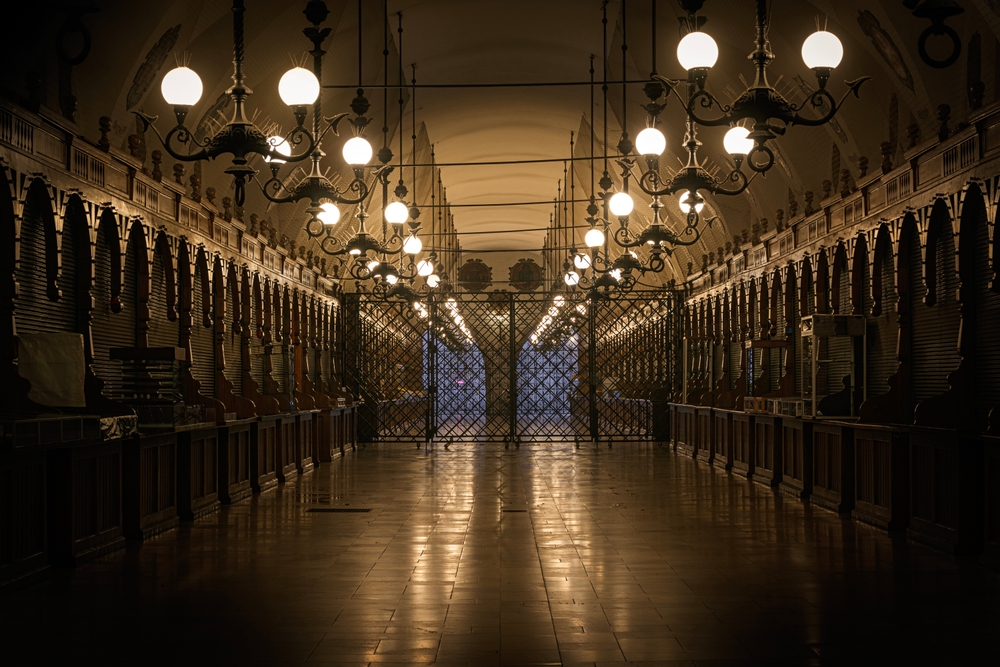The long hall inside the Sukiennice Cloth Hall on Rynek Główny in Krakow
