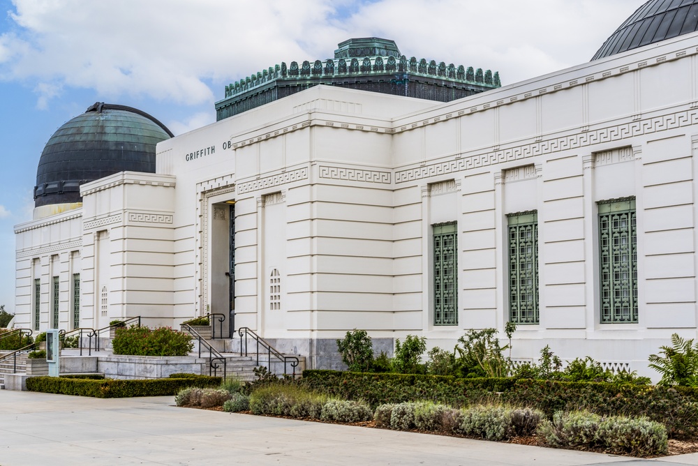 The white Art Deco façade of Griffith Observatory in Los Angeles