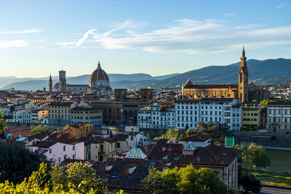 View over Florence with the cathedral dome and the tower of Palazzo Vecchio